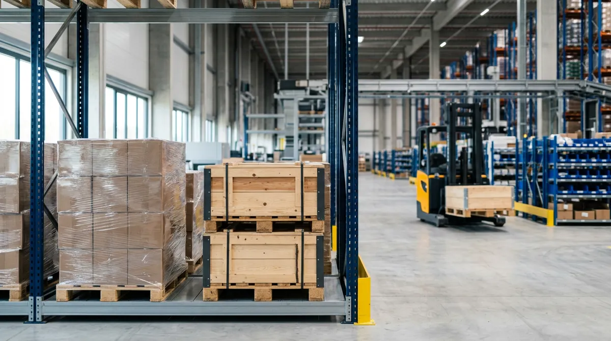 Marchandises de valeur palettisées et filmées dans un entrepôt logistique