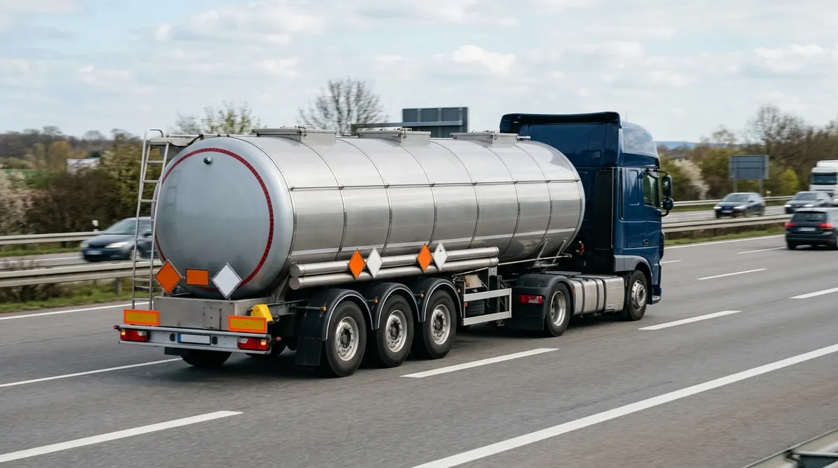 Citerne routière portant des plaques-étiquettes de danger sur autoroute
