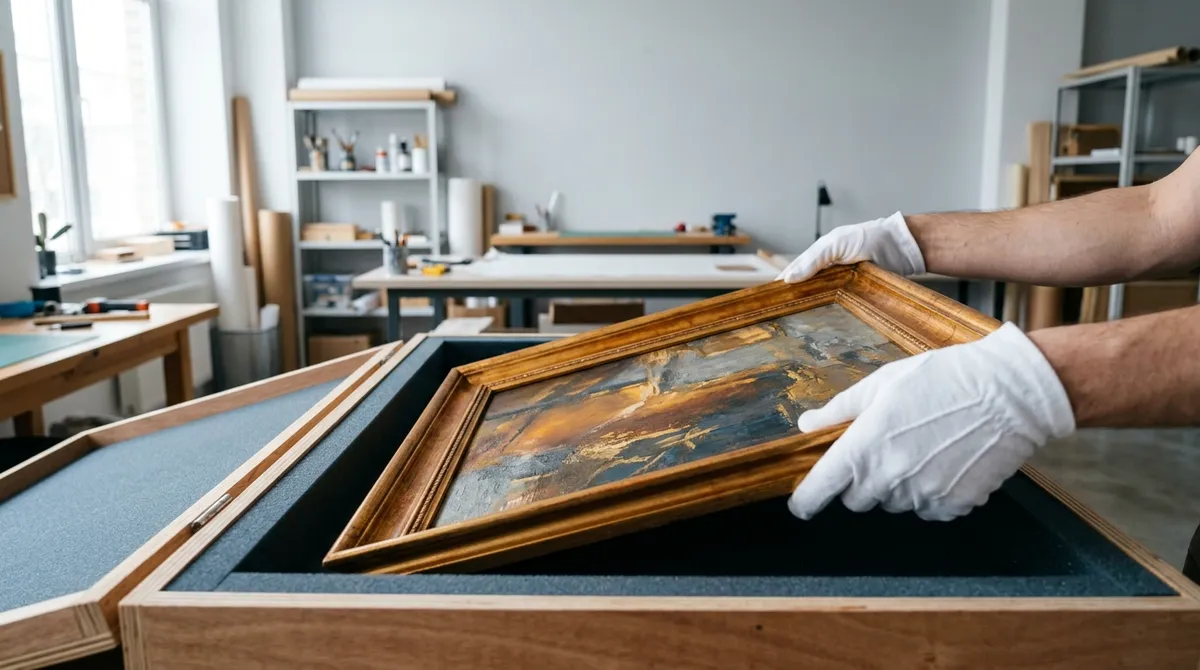 Caisse de transport capitonnée contenant un tableau encadré, manipulée par des gants de coton