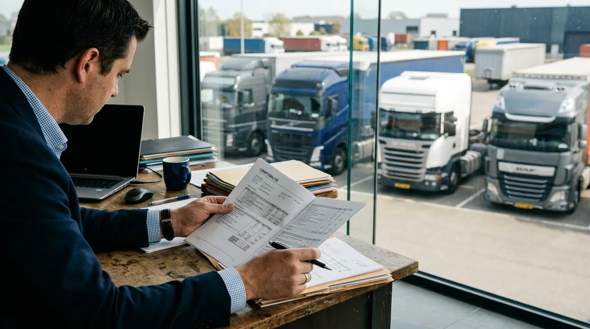 Gérant de transport examinant un bilan comptable devant une flotte de camions