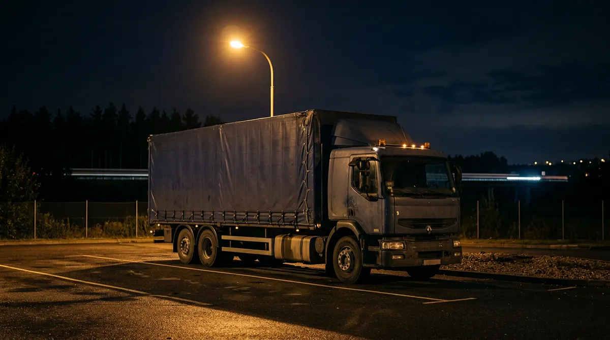 Poids lourd bâché stationné de nuit sur une aire d'autoroute peu éclairée