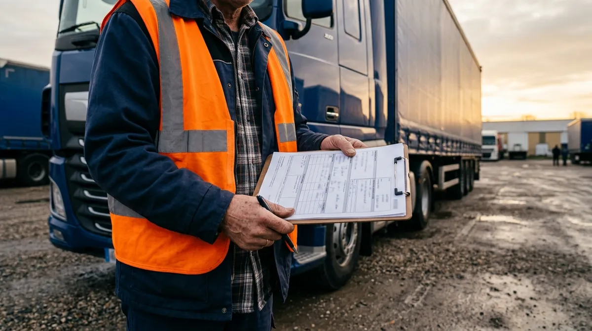 Chauffeur routier tenant un document de transport devant un poids lourd