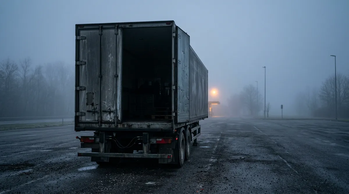 Portes arrière d'une remorque ouvertes sur une aire de repos au petit matin
