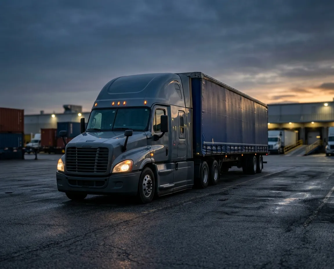 Semi-remorque sur une aire logistique au petit matin